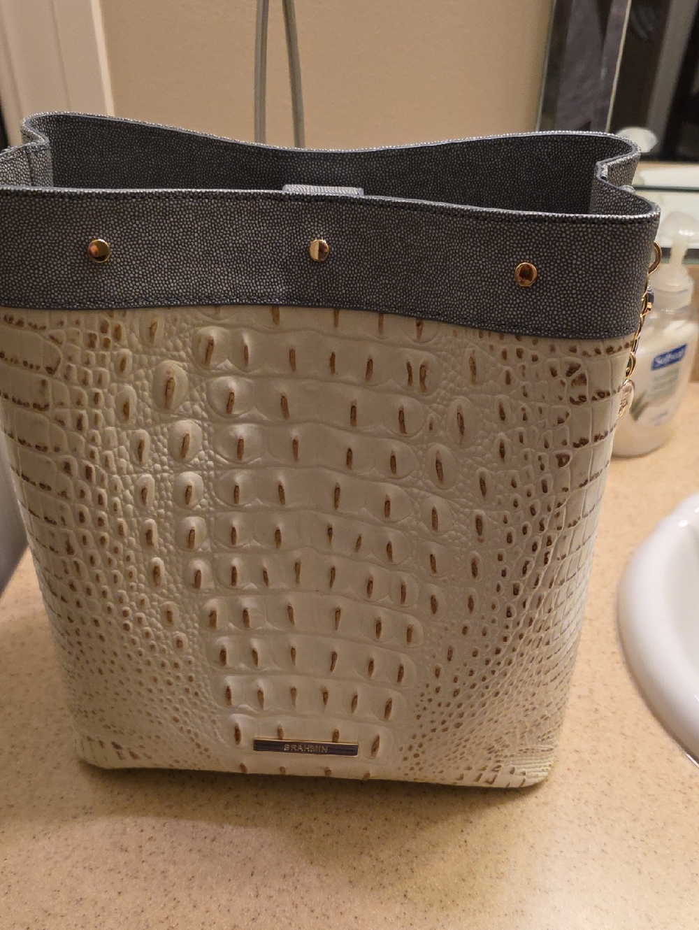 Brahmin Cream Croc-Embossed Tote with Gold Hardware